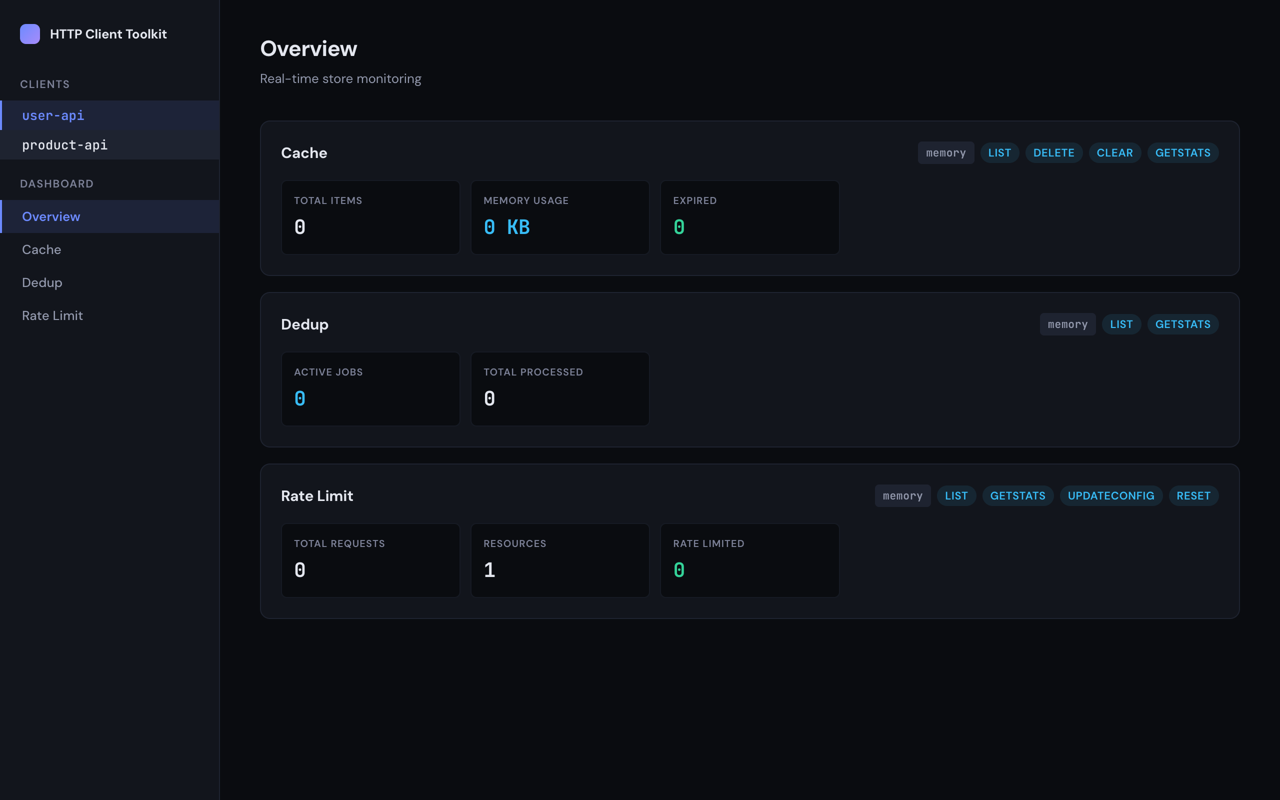 Dashboard overview showing cache, dedup, and rate limit store summaries for the user-api client