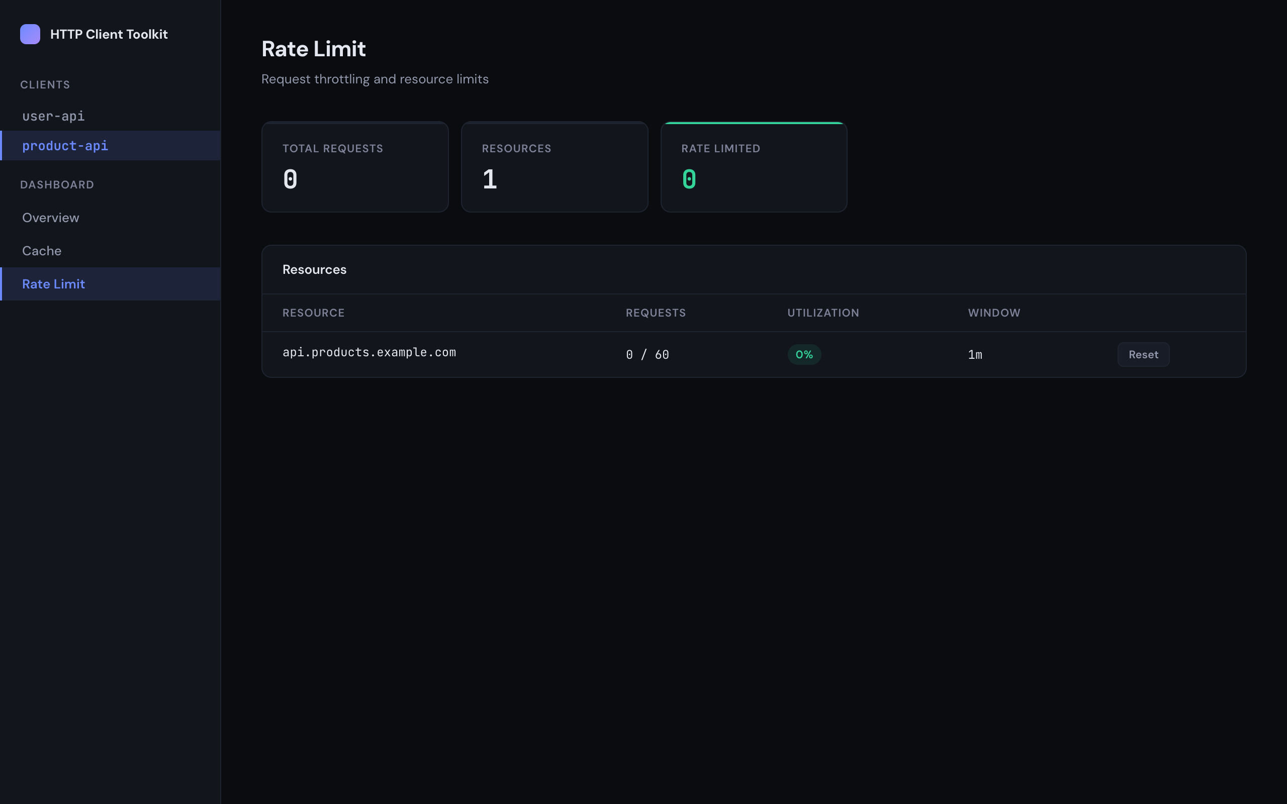 Dashboard showing product-api client with only Cache and Rate Limit views available